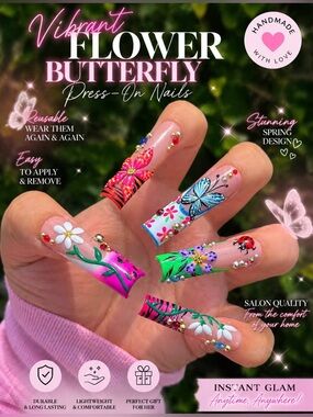 Vibrant Flower Butterfly Ladybug Custom Press-On Nails – Stunning Spring Design